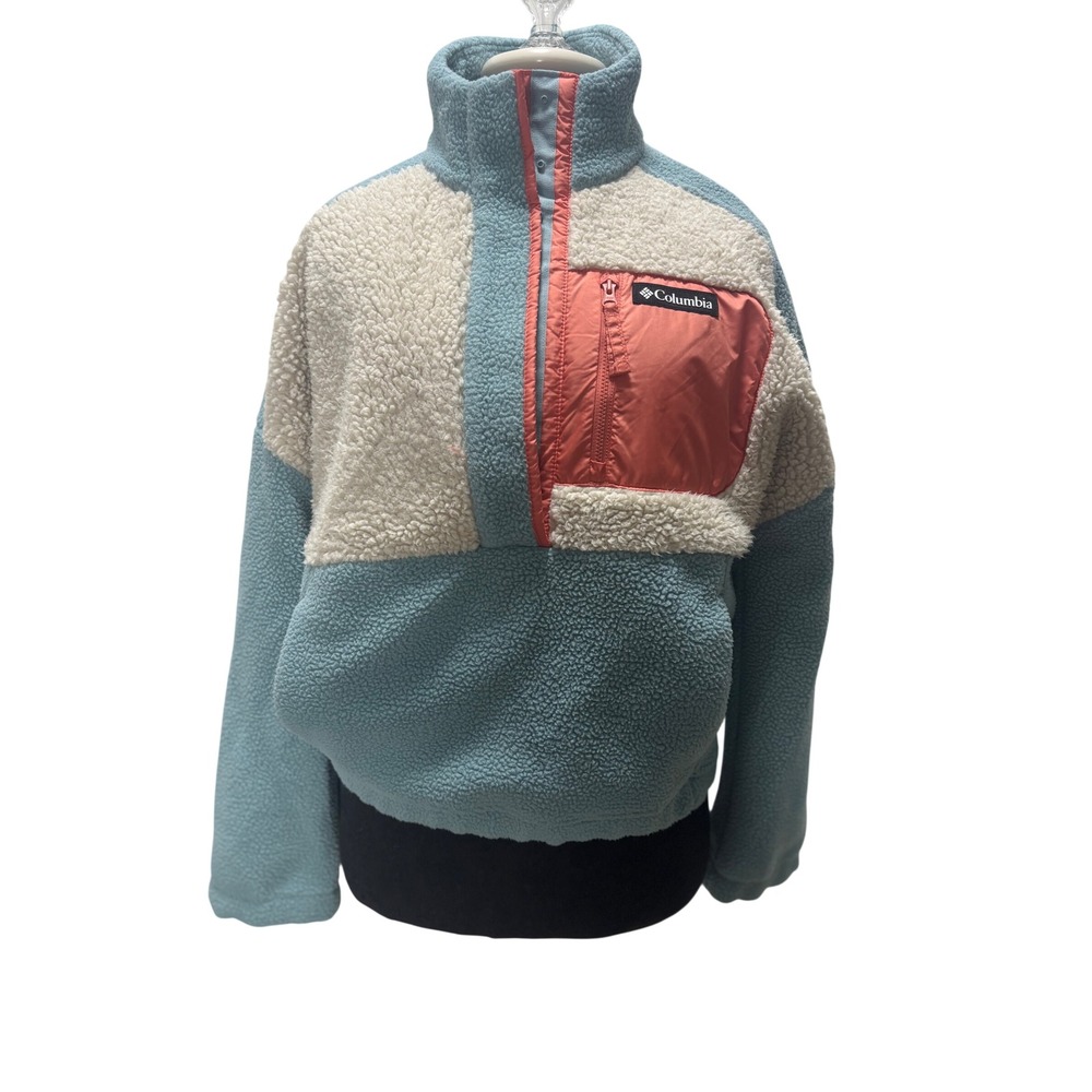 Columbia Sherpa Pullover Jacket in Teal, Cream & Coral Pocket